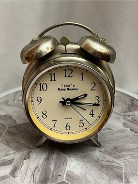 Vintage Timex Easy Reader Quartz Twin Bell Alarm Clock Brass Tone Tested Works